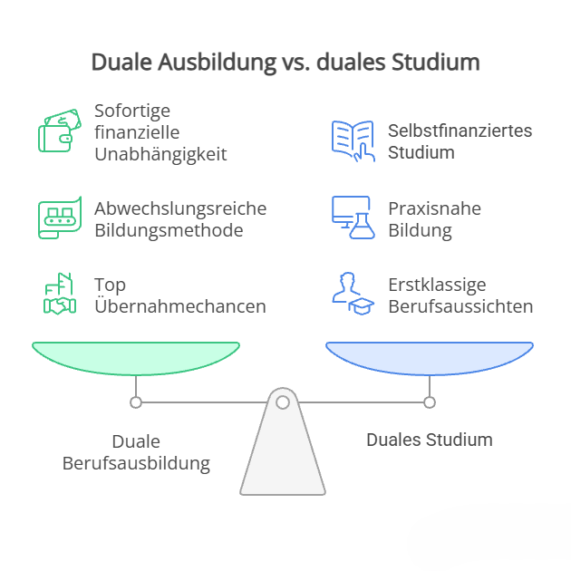 Grafik stellt duale Berufsausbildung gegenüber dem duales Studim